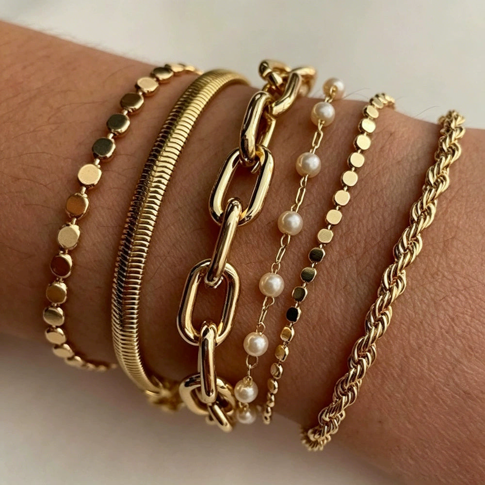 UNI-12825 - Luxury Pearl & Chain Gold Foil - Bracelet Set of 6