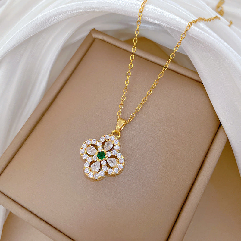 SS-12082  - Emerald Green Gem Flower Gold - Necklace