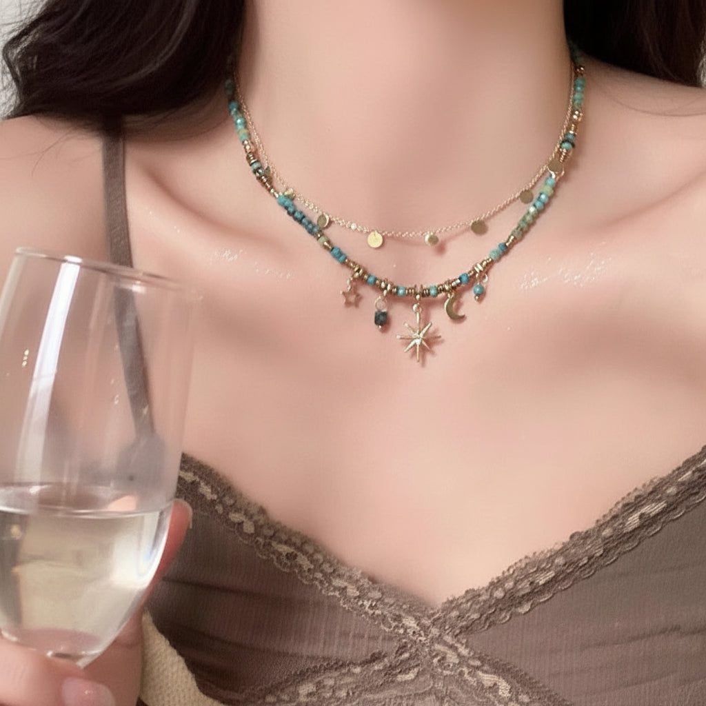 UNI-11973-1 - Moon & Star Sparkle Watercolor Stones - Necklace Set of 2
