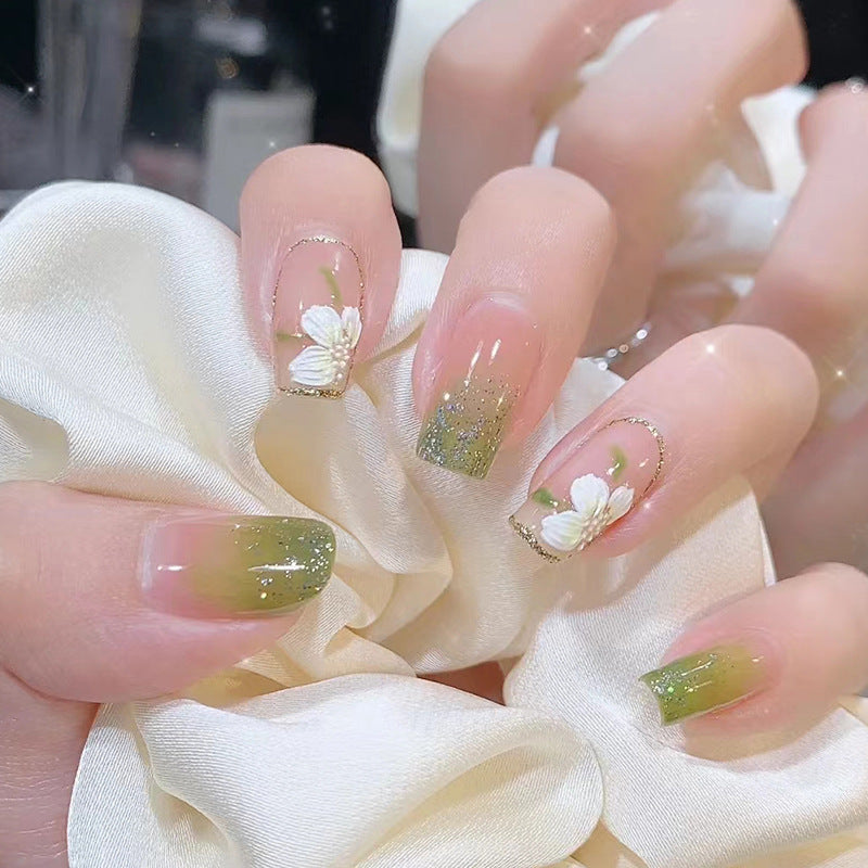 N-180 - Dream Flowers & Silver Sparkle Green  - Press On Nail Set Of 24