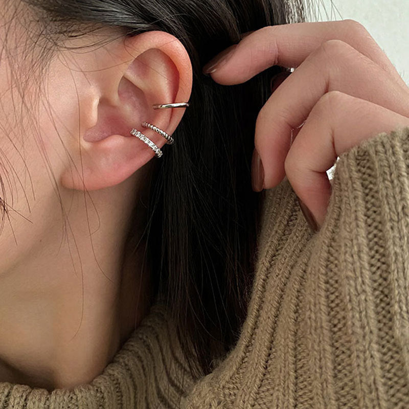 UNI-11338 - Fancy Silver Ear Cuff  - Earring Set Of 3