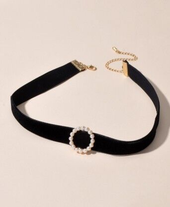UNI-10988  - Black Velvet Neck Round Pearl - Necklace