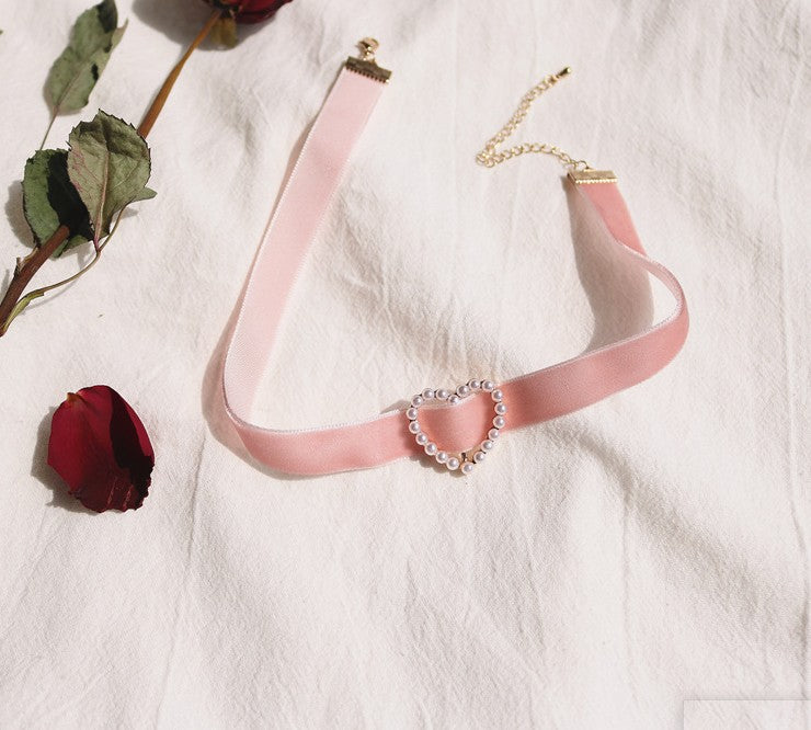 UNI-10995 - Pink Velvet Neck Heart - Necklace