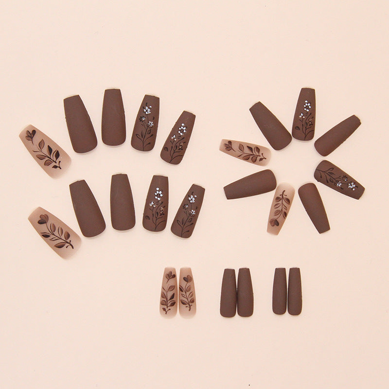 N-243- Caramel Chocolate Flower - Press On Nail Set Of 24 - Free 24 Pcs Sticker Sheet Included