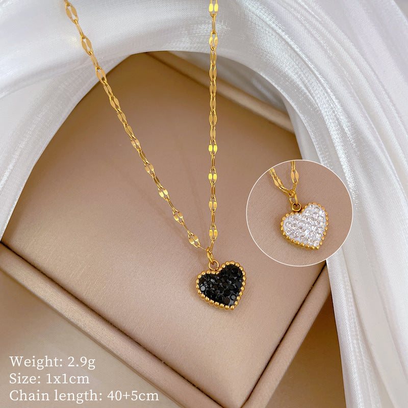 SS-12073 - Black & White Diamond Heart Double Side Gold - Necklace