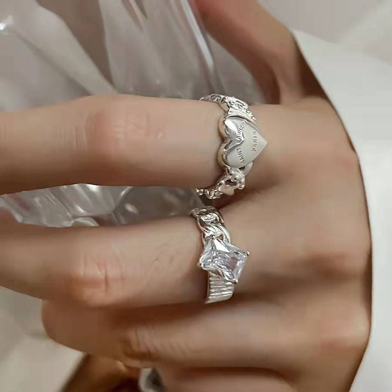 UNI-11150 -  Diamond & Heart Silver Ring Set Of 2