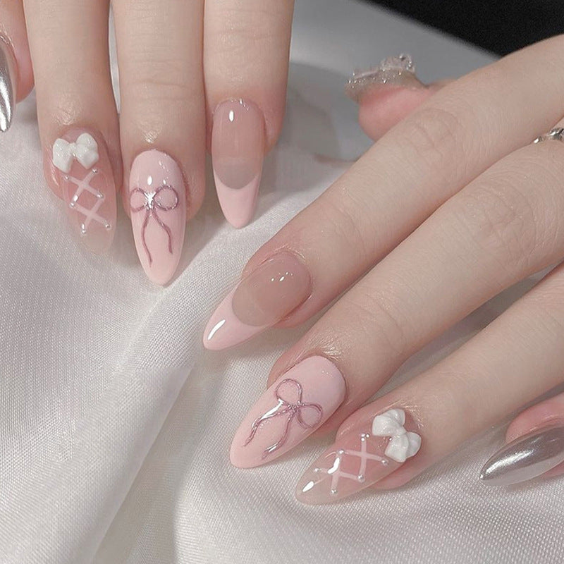 N-258 - Pastel Pink Bow - Press On Nail Set Of 24 - Free 24 Pcs Sticker Sheet Included