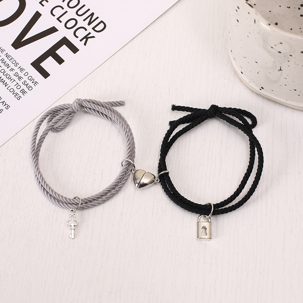 UNI-11725 - Grey & Black Lock & Key Magnetic Heart - Bracelet Set