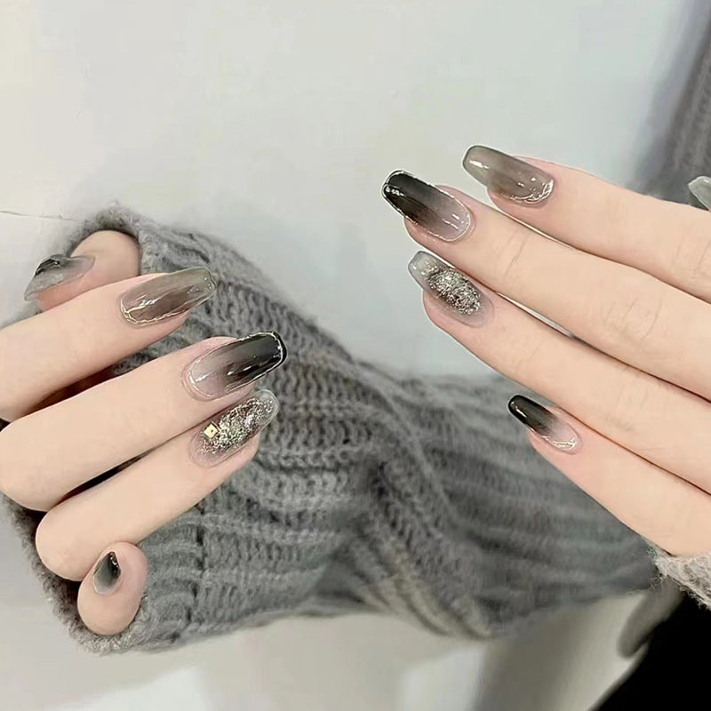 N-174 -Silver Foiled Black& Grey  - Press On Nail Set Of 24