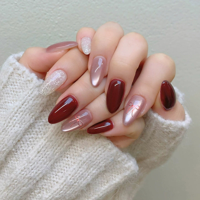 N-426 -  Jelly Bow Pink & Maroon - Press On Nail Set Of 24 - Free 24 Pcs Sticker Sheet Included (Copy)