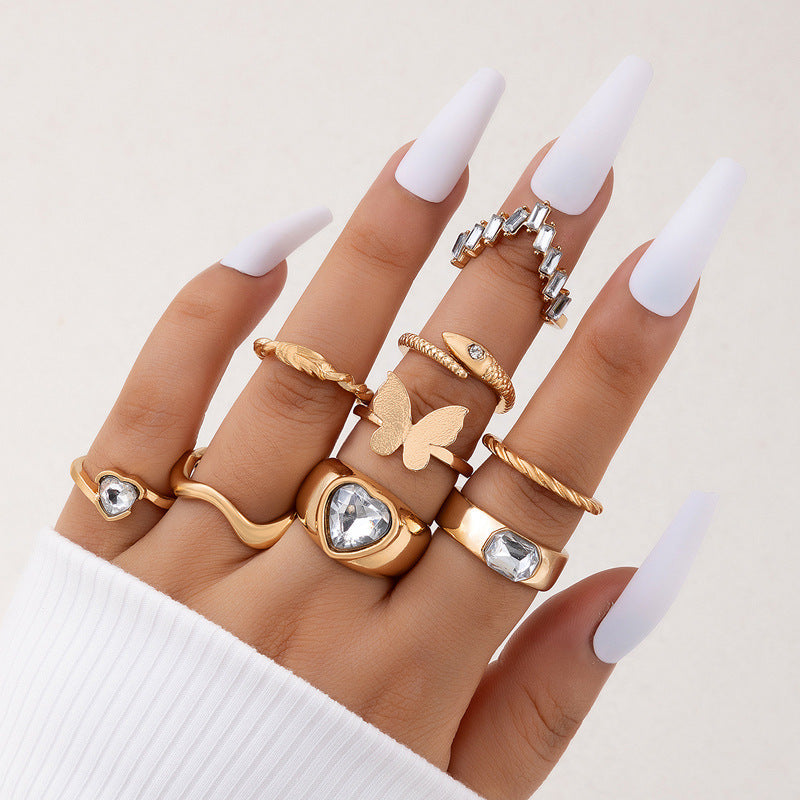 UNI-10770-4 - Gold Butterfly Crystal Diamond White   - Ring Set Of 9