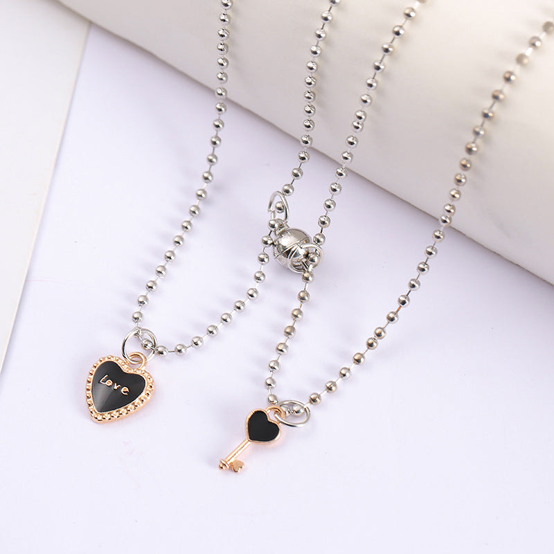 UNI-11801 - Black Love Lock & Key Magnetic  - Necklace Set Of 2