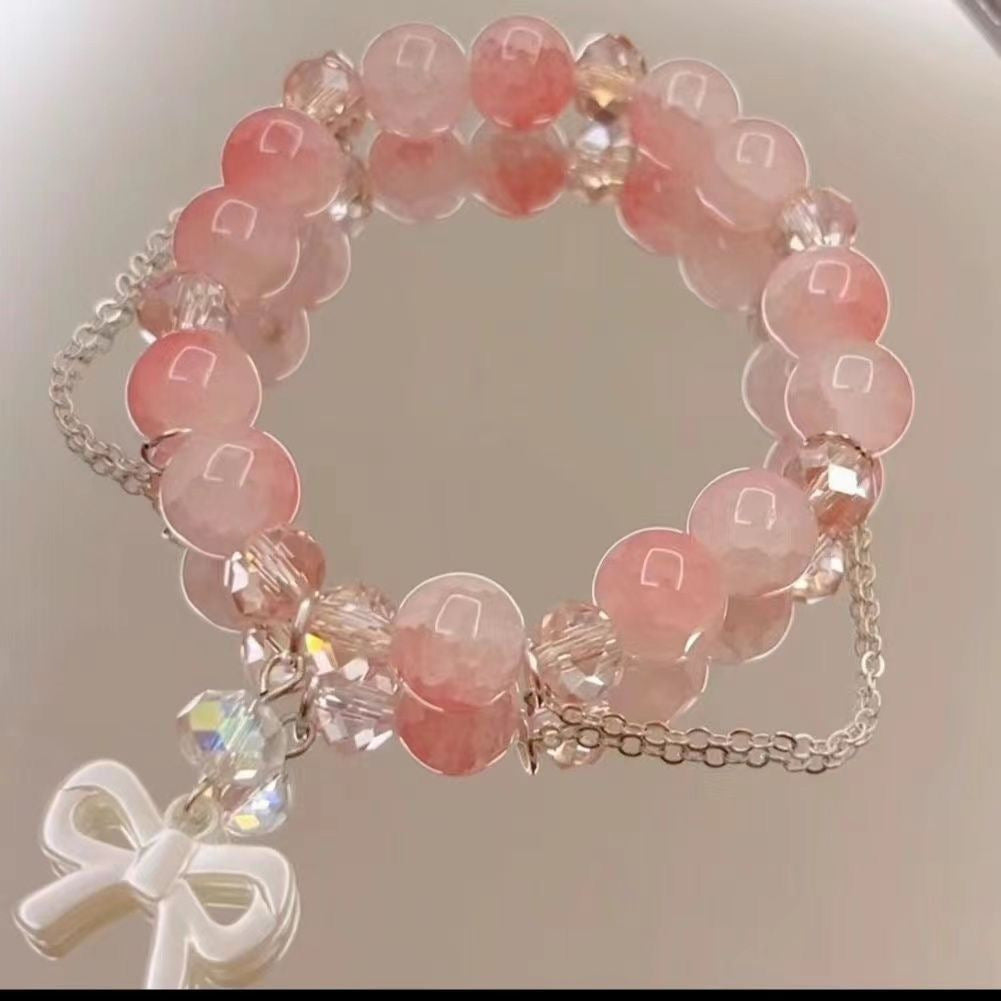 UNI-11993  -Pink Pastel Bow Beaded Stone - Bracelet
