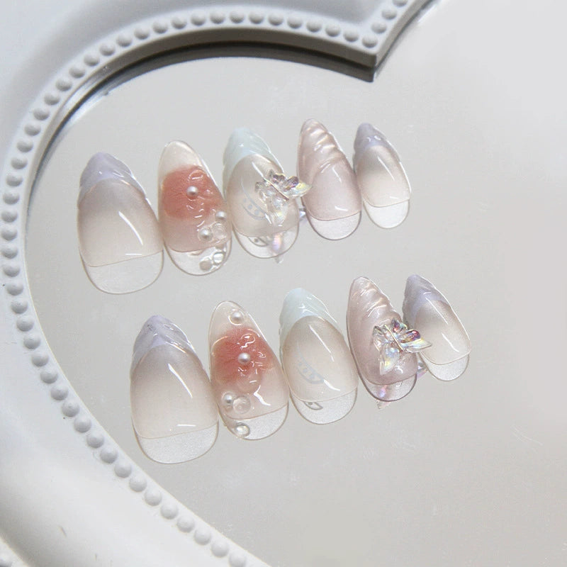 N-466 -  Crystal Butterfly & Flowers - Press On Nail Set Of 24 - Free 24 Pcs Sticker Sheet Included