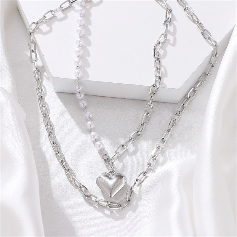 UNI-10900 -  Double Layer Pearl Heart & Chain Silver - Necklace