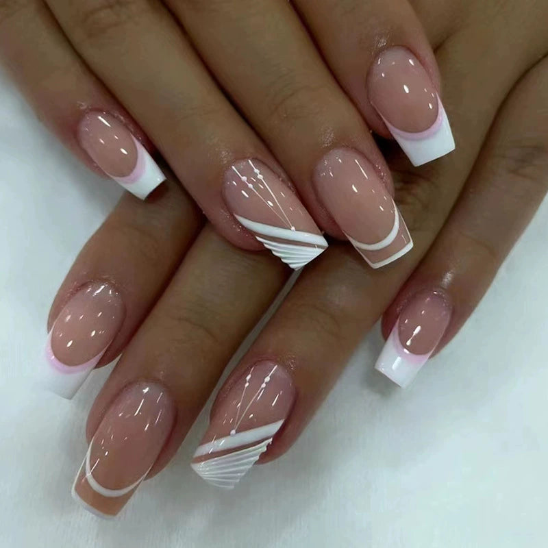 N-455 - Pink & White Lined - Press On Nail Set Of 24 - Free 24 Pcs Sticker Sheet Included