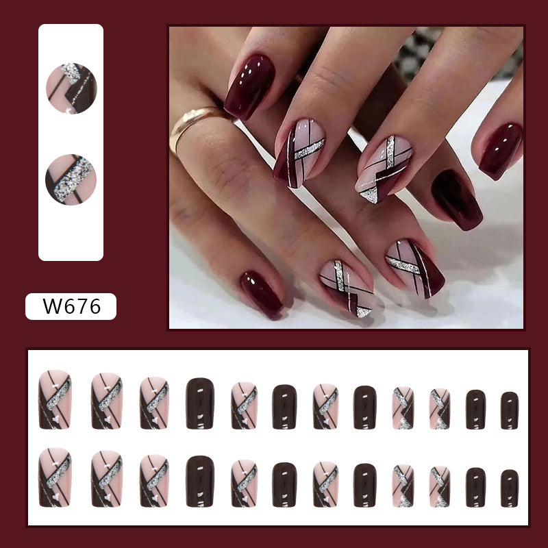 N-400 - Fancy Maroon & Pink - Press On Nail Set Of 24 - Free 24 Pcs Sticker Sheet Included