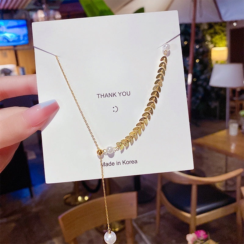 SS-11858 - White Pearl & Gold Leaf - Necklace