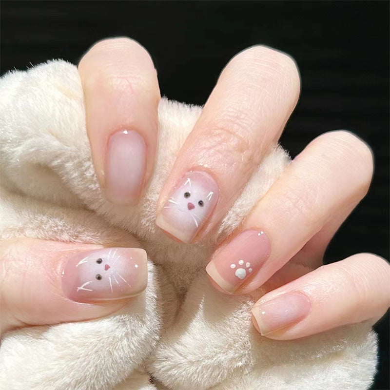 N-185 - Cute Cat & Paw - Press On Nail Set Of 24