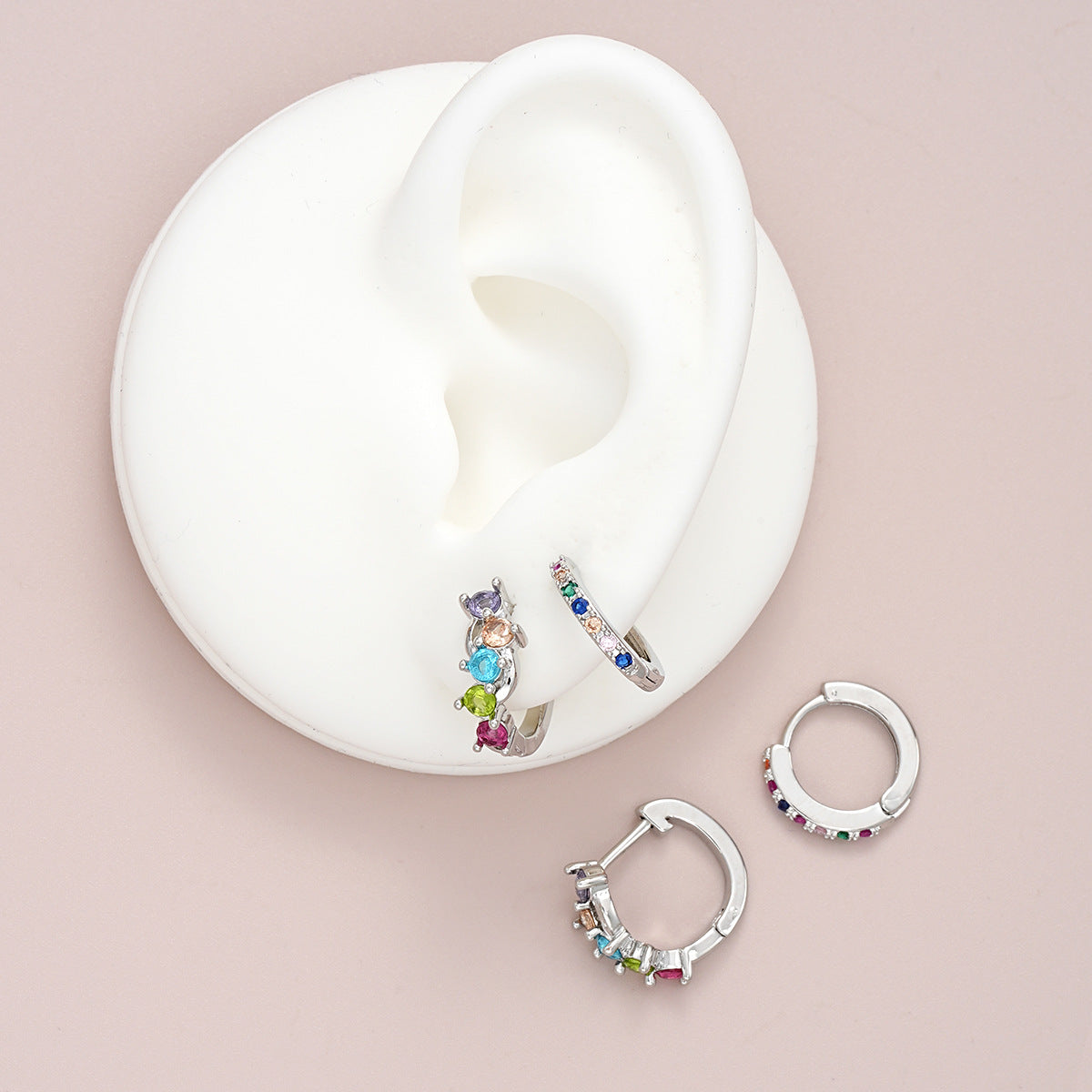 UNI- 11185  - Multi Diamond Silver Ear Cuff  - Earring Set of 4