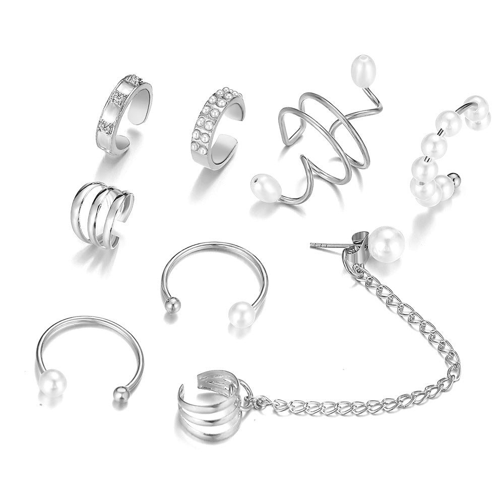 UNI- 11184  - Pearl & Diamond Silver Ear Cuff  - Earring Set of 8