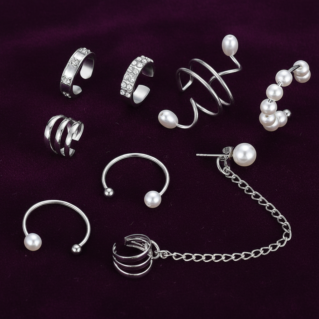 UNI- 11184  - Pearl & Diamond Silver Ear Cuff  - Earring Set of 8