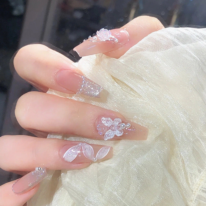 N-168 - Butterfly Lace Pearl   - Press On Nail Set Of 24