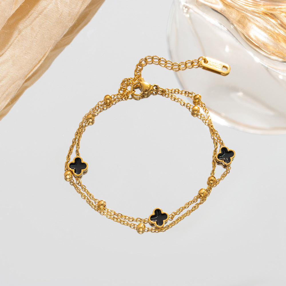 SS-11434 - Black Flower Double Layer   - Bracelet