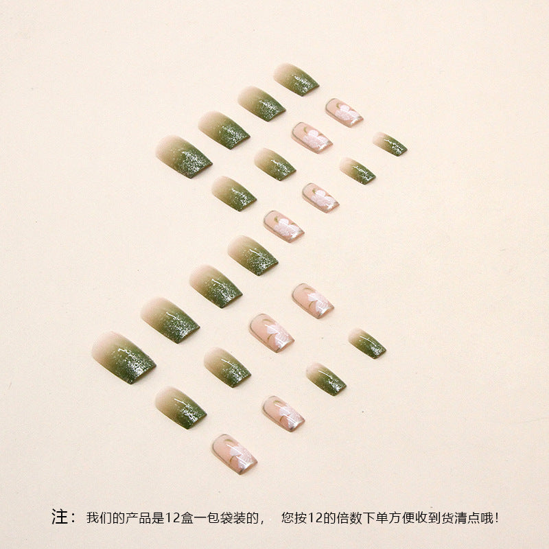 N-180 - Dream Flowers & Silver Sparkle Green  - Press On Nail Set Of 24