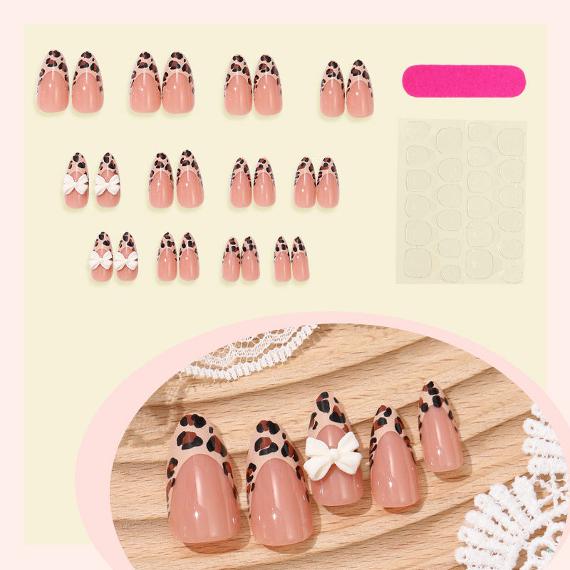 N-197 - Bow & Leopard Print - Press On Nail Set Of 24 - Free Nail Kit  Included