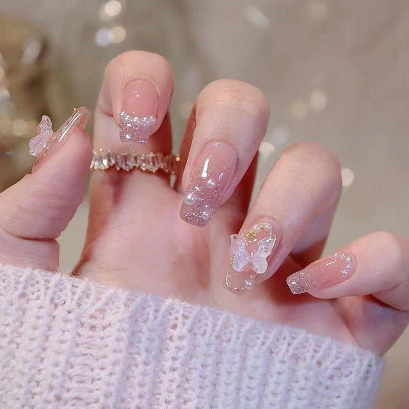 N-160 - Pearl & Butterfly Shiny Pink - Press On Nail Set Of 24