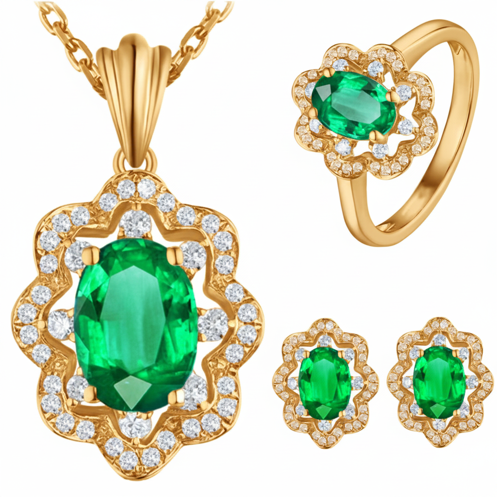 UNI-11045 - Gold  Oval Green Diamond - Jewelry Set