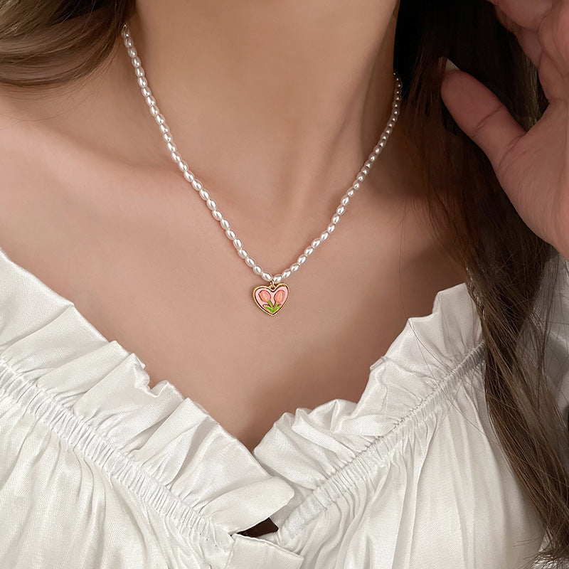 UNI-10656 -  Pearls & Pink Flower Heart - Necklace