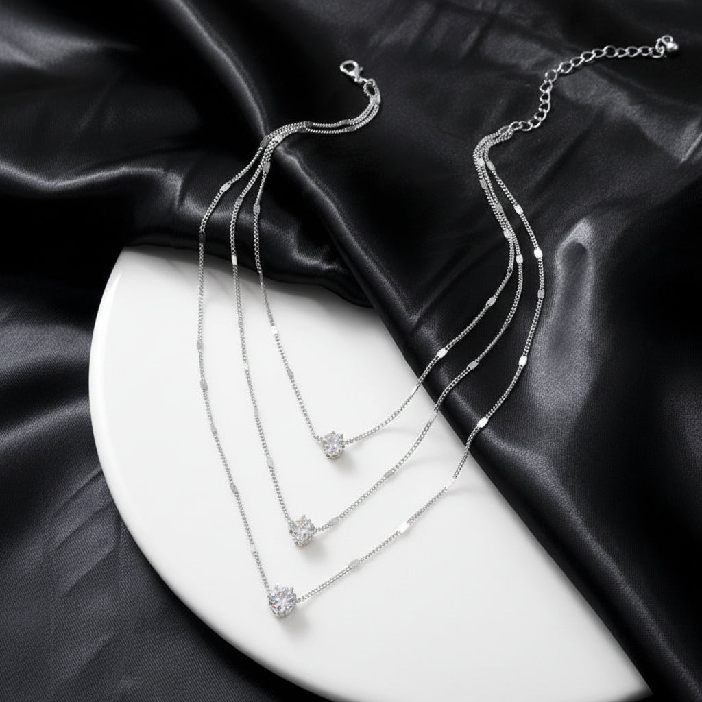 UNI-12413 - Crystal Diamonds 3 Layered Silver - Necklace