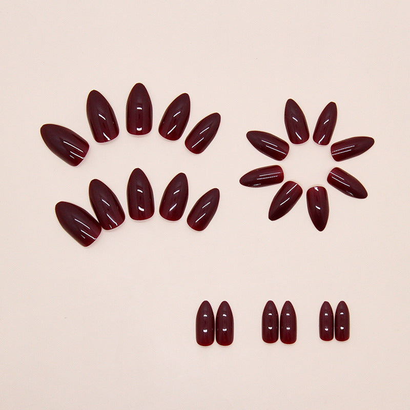 N-304 -  Shiny Maroon - Print Press On Nail Set Of 24 - Free 24 Pcs Sticker Sheet Included