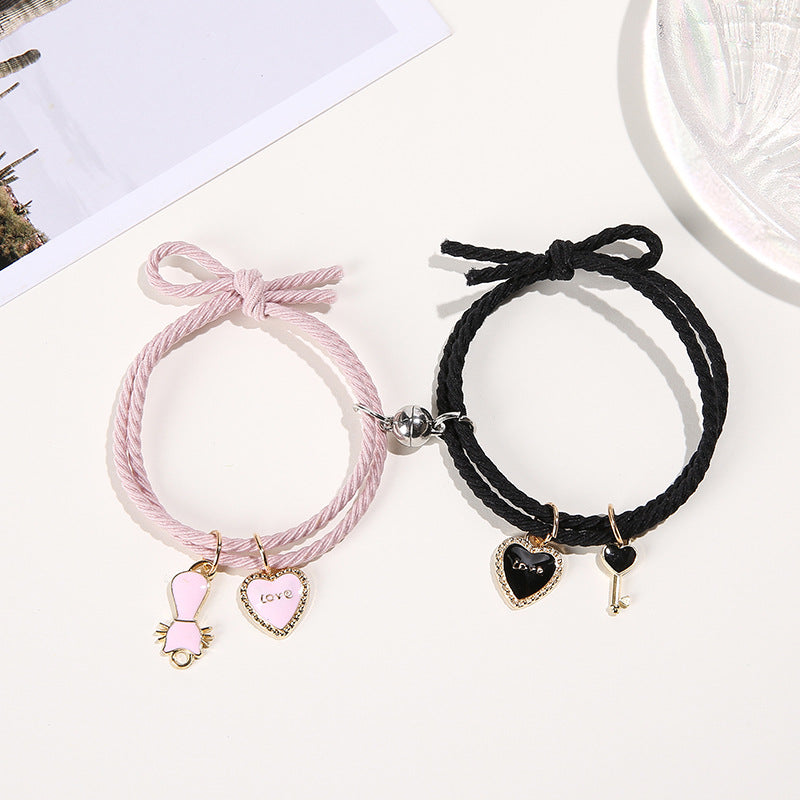 UNI-11763 - Love Charms Pink & Black Magnetic Silver Round - Bracelet Set
