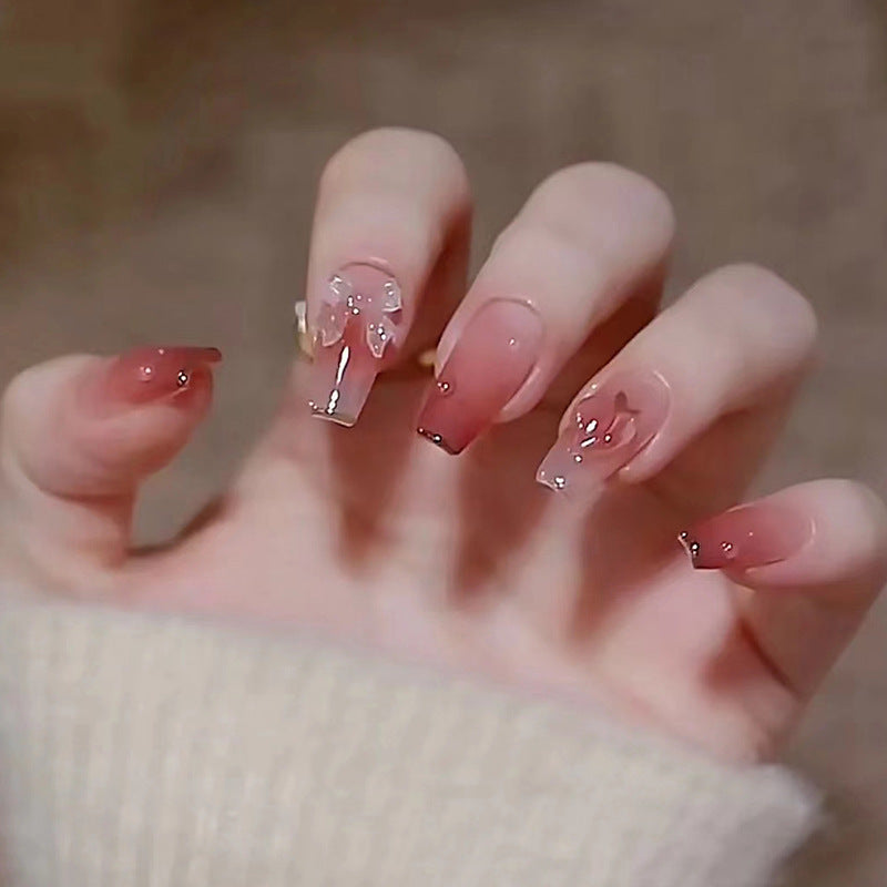 N-195 -  Shiny Butterfly Dark Pink  - Press On Nail Set Of 24