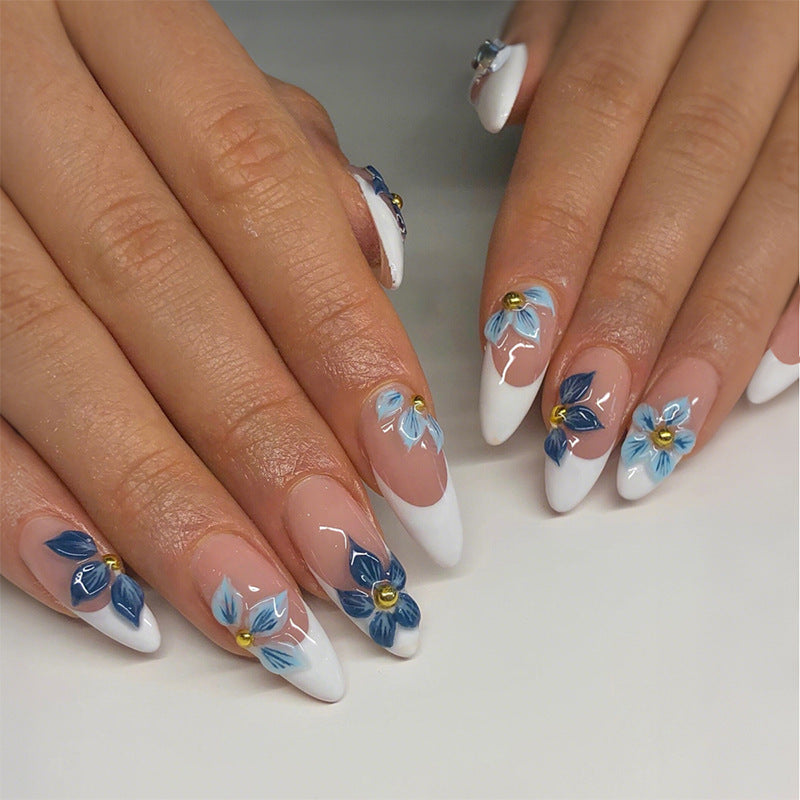 N-205 - Watercolor Blue Foiled Flowers - Press On Nail Set Of 24 - Free Nail Kit Included