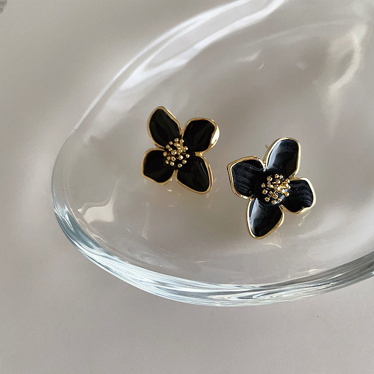 UNI-10305-5 - Black  Shiny Flower - Earring