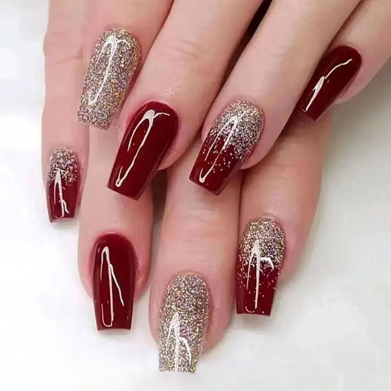 N-225- Glittery Gold & Maroon - Press On Nail Set Of 24 - Free 24 Pcs Sticker Sheet Included
