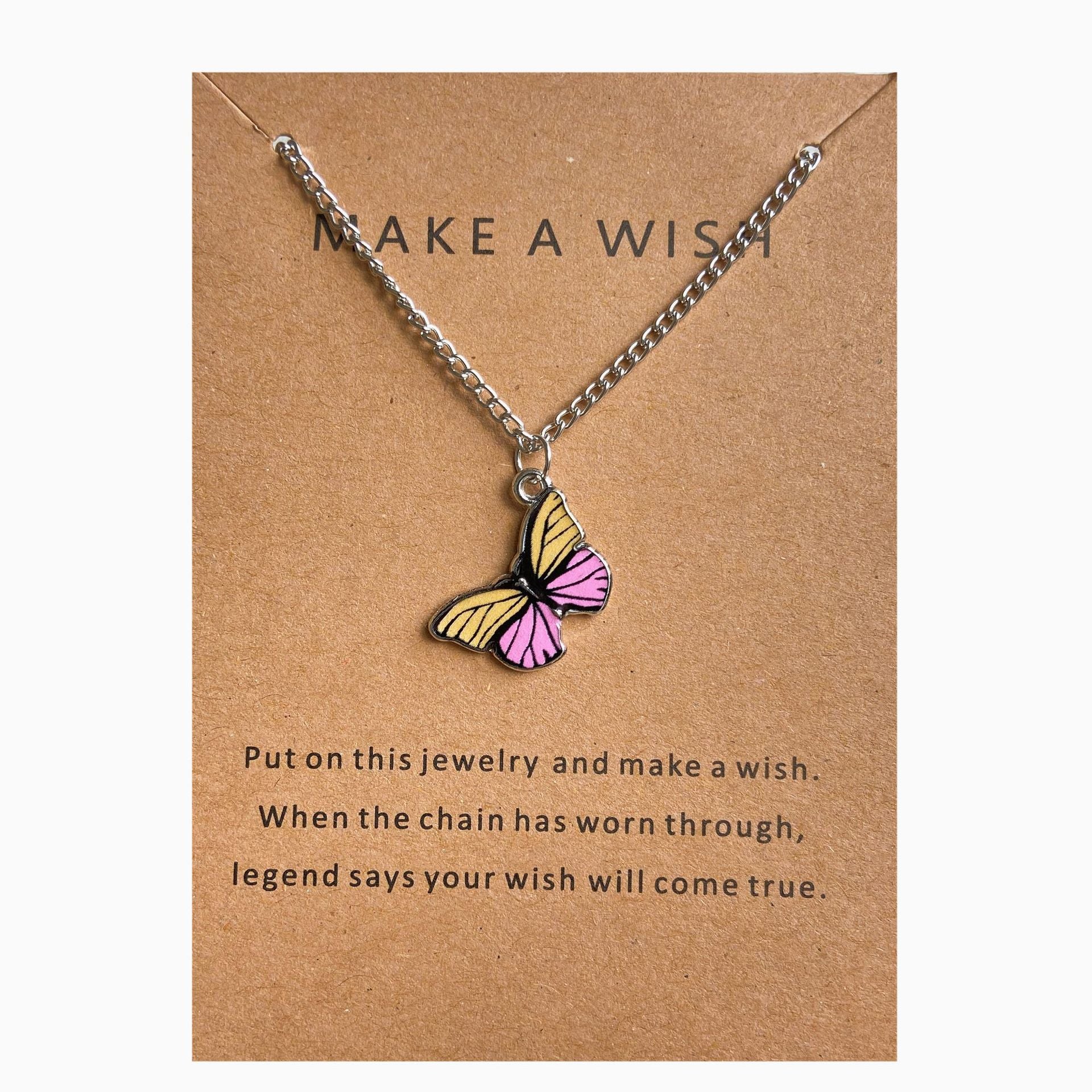 UNI-10635-7- Pink & Yellow Butterfly Silver - Necklace