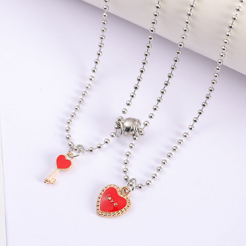 UNI-11802 - Red Love Lock & Key Magnetic  - Necklace Set Of 2