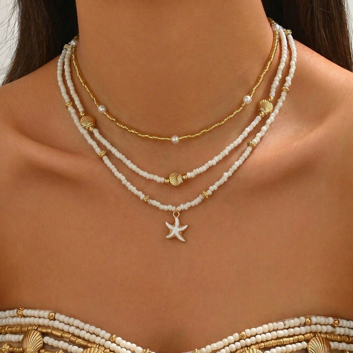 UNI-12827 - Beaded Sea Charms  - Necklace Set Of 3