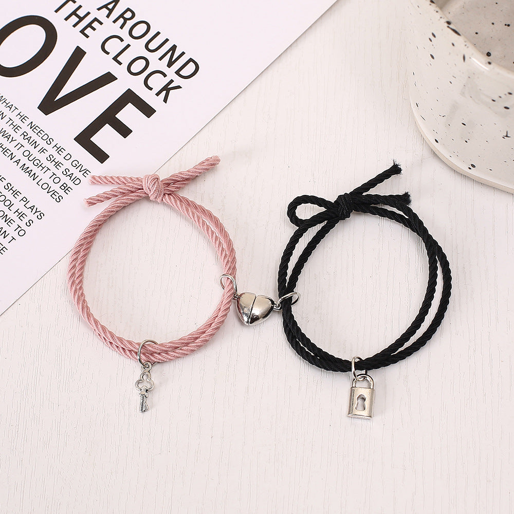 UNI-11723 - Pink & Black Lock & Key Magnetic Heart - Bracelet Set