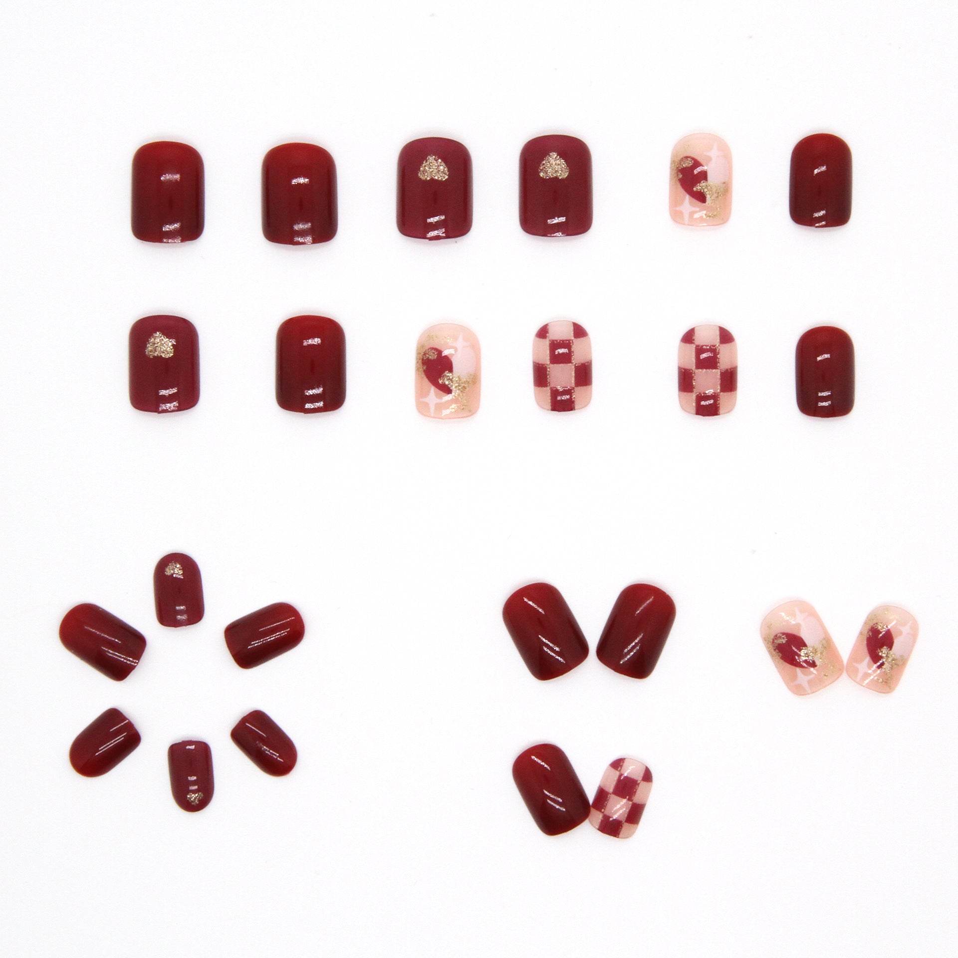 N-156 - Red Maroon Heart & Grid   - Press On Nail Set Of 24