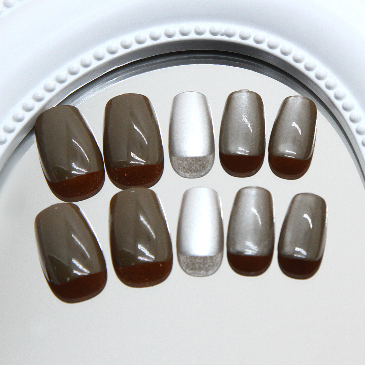 N-253 - Coffee & Crystal White  - Press On Nail Set Of 24 - Free 24 Pcs Sticker Sheet Included