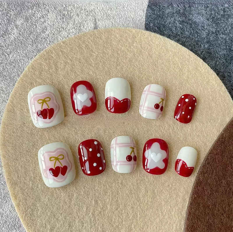 N-260 -Polka Heart & Flower  - Press On Nail Set Of 24 - Free 24 Pcs Sticker Sheet Included