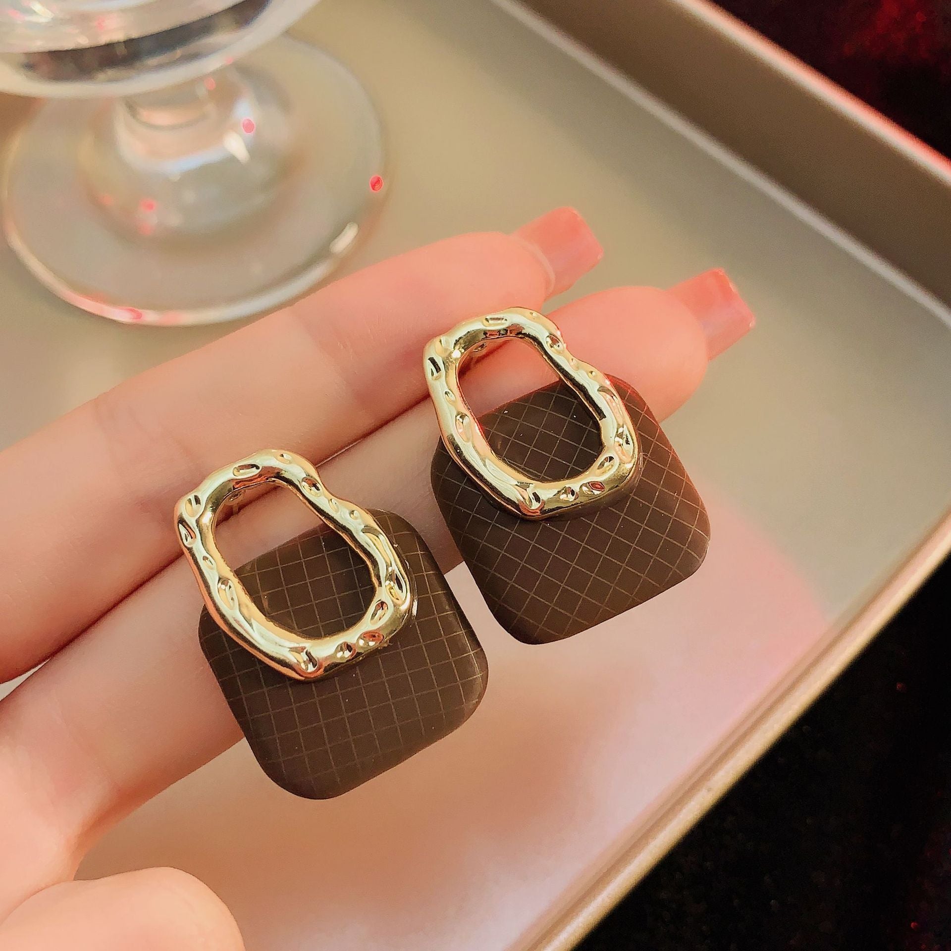UNI-12053-2 - Classy Gold Foiled & Brown Grid - Earring
