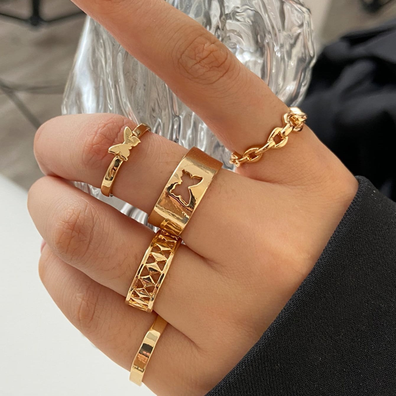 UNI-10168-36 - Gold Butterfly - Ring Set Of 5