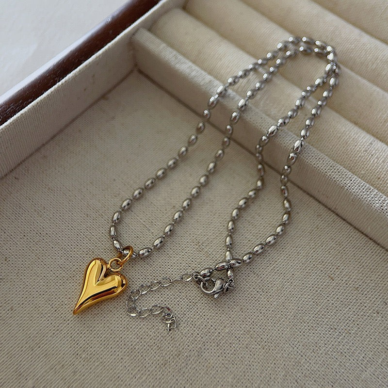 SS-11502 - Premium Gold Heart Silver Foiled Beads - Necklace